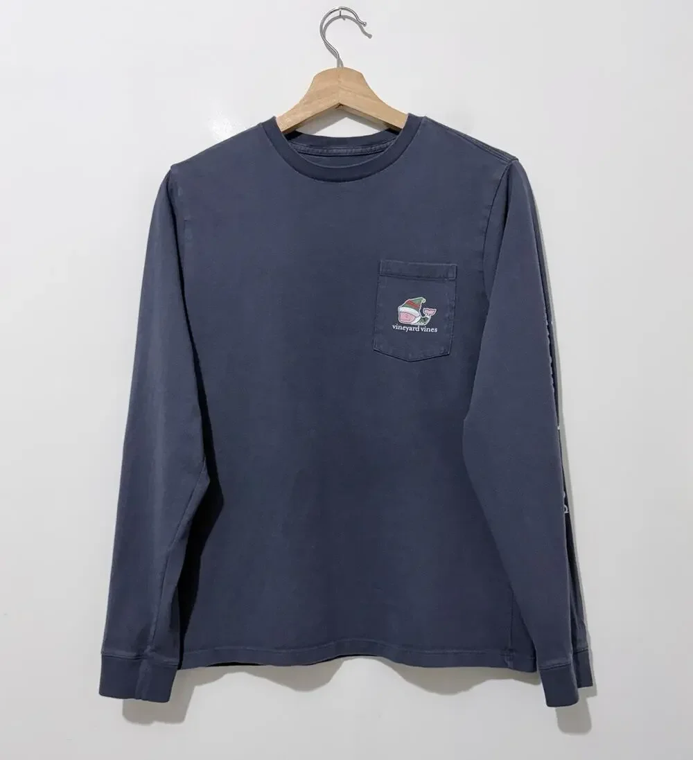 Vineyard Vines Elf Whale Boys T Shirt XL 18 Cotton Navy Long Sleeve Pockets